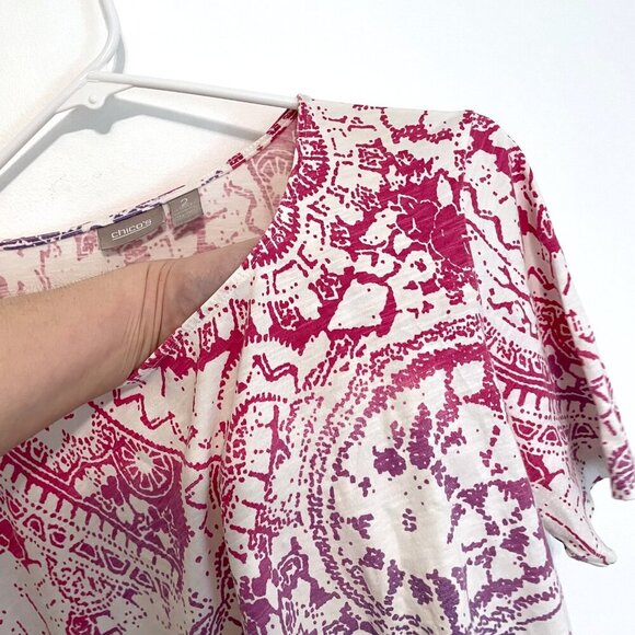 CHICO'S 2 White Pink Purple Blue Ombre Gradient Boho Printed Cotton Tee T-Shirt - Picture 6 of 12
